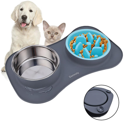 Dual pet feeder with stainless steel water bowl and blue slow feeder bowl for dogs and cats.