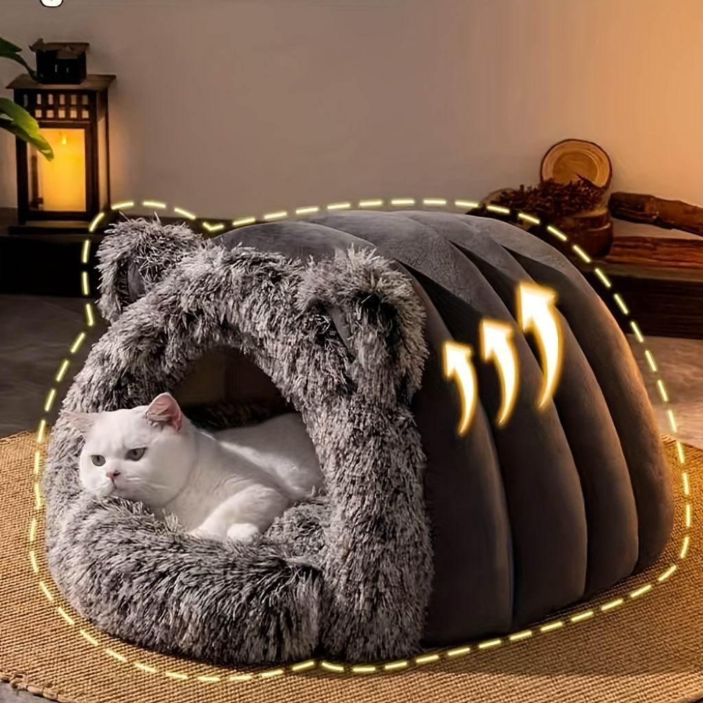 Cozy gray cat cave bed with fluffy ears, perfect for indoor cats seeking warmth and comfort.