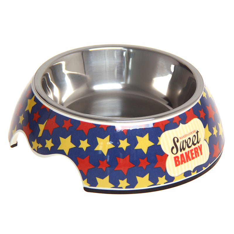 Colorful star-patterned pet bowl with stainless steel interior, labeled Sweet Bakery for dog or cat food.
