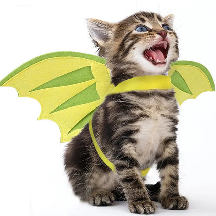 Tabby kitten wearing green Dinosaur Wings pet costume from Nai Pet Store