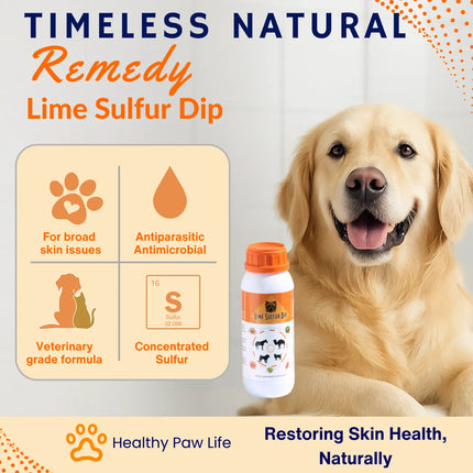 Healthy Paw Life Concentrated Lime Sulfur Dip for broad skin issues and antiparasitic care.