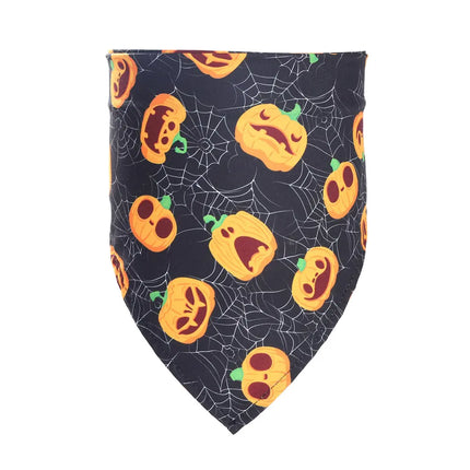 Nai Pet Store Halloween pet bandana with orange jack-o'-lanterns and spider webs on black fabric