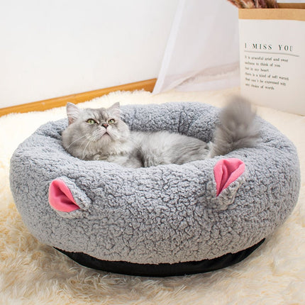 Lamb Wool Round Cat Bed | Deep Sleep Pet Nest | S/M/L | Grey