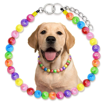 JOGIA Rainbow Dog Necklace for Large Dogs - Adjustable Dog Pearl Necklace with Colorful Beads Handmade Pet Jewelry for Dogs