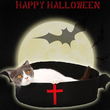 Grey and white cat lying in a black Halloween-themed felt bed with a red cross and bat motif.