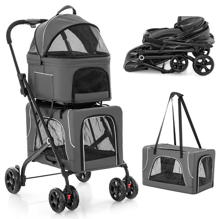 PETSITE 3-in-1 Double Pet Stroller | 2 Detachable Carriers & Car Seats | 33 lbs Each | Grey
