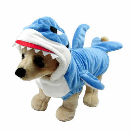 Small dog wearing a blue 3D shark costume from Nai Pet Store