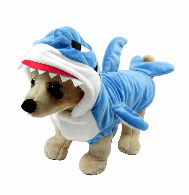 Small dog wearing a blue 3D shark costume from Nai Pet Store