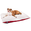 Brown and white dog resting on cozy white dog bed with red trim, perfect for pet comfort and care.