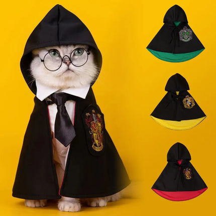 White cat wearing a Magic Academy Cape for Pets with glasses and tie on yellow background.