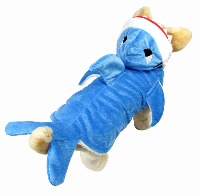 Blue 3D shark costume for dogs with white trim and fins.