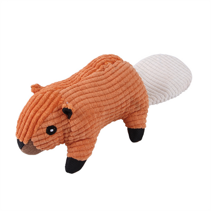 Orange corduroy plush capybara dog toy with a white tail