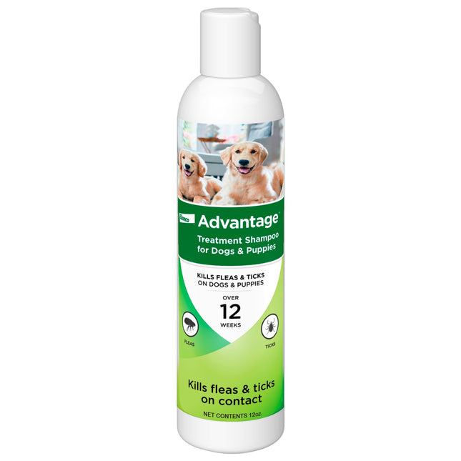 Advantage treatment shampoo for dogs and puppies to kill fleas and ticks, 12oz bottle.