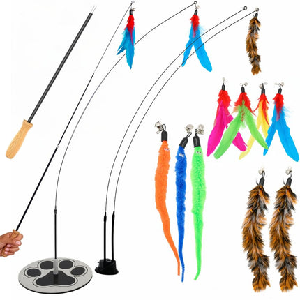 Cat Wand Toy Bundle | Suction Cup Feather & Worm Attachments | 43" Extendable Pole