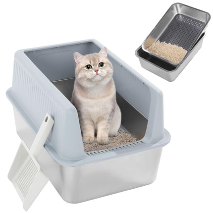 MABOZOO™ Stainless Steel Sifting Litter Box with Lid | 19.7" Pine Pellet Compatible with Scoop for Cats