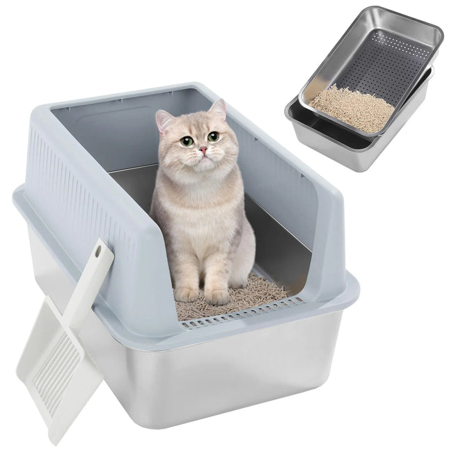 Cat in modern litter box with scoop and stainless steel tray for easy cleaning