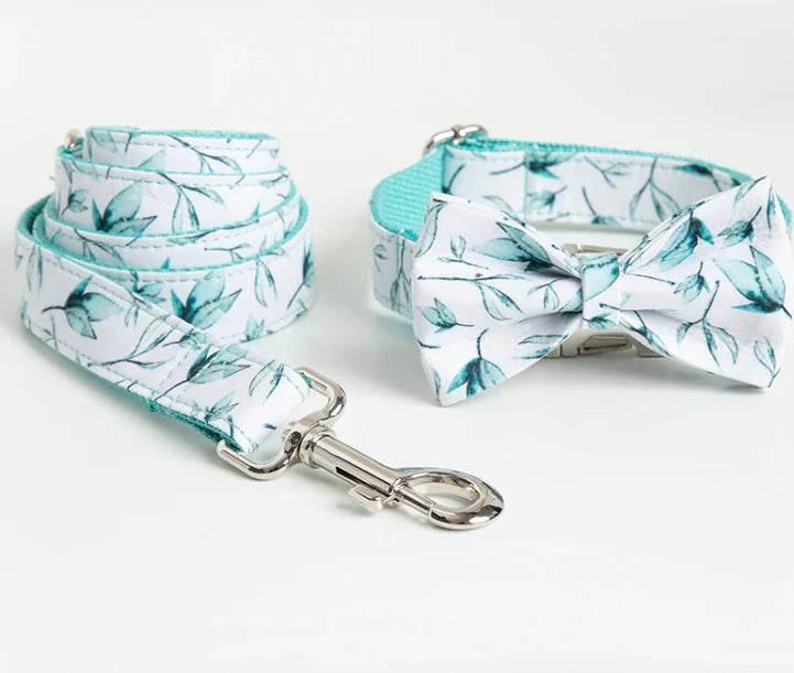 Teal leaf print dog collar with matching leash and bow tie, pet accessories for stylish pups