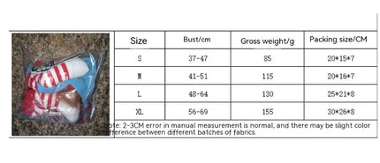 Size chart for Halloween pet costumes showing bust, weight, and packing dimensions.