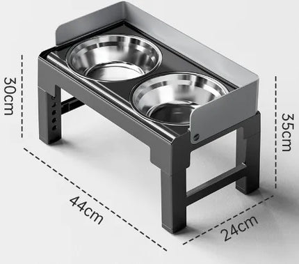 Elevated pet feeding bowl set with two stainless steel bowls on a black stand.