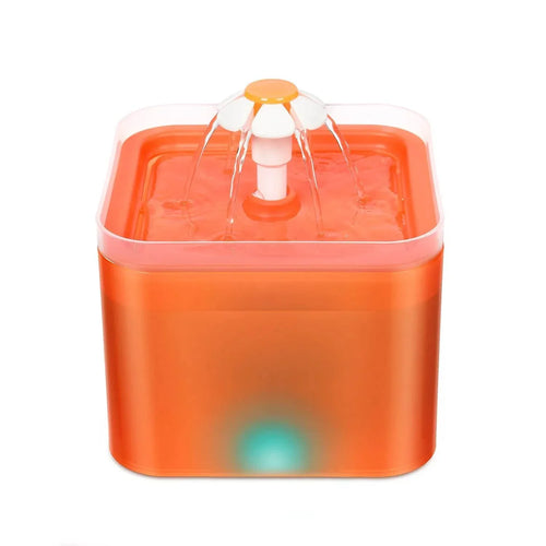 Orange pet water fountain with flower-shaped spout and LED light, ideal for dogs and cats