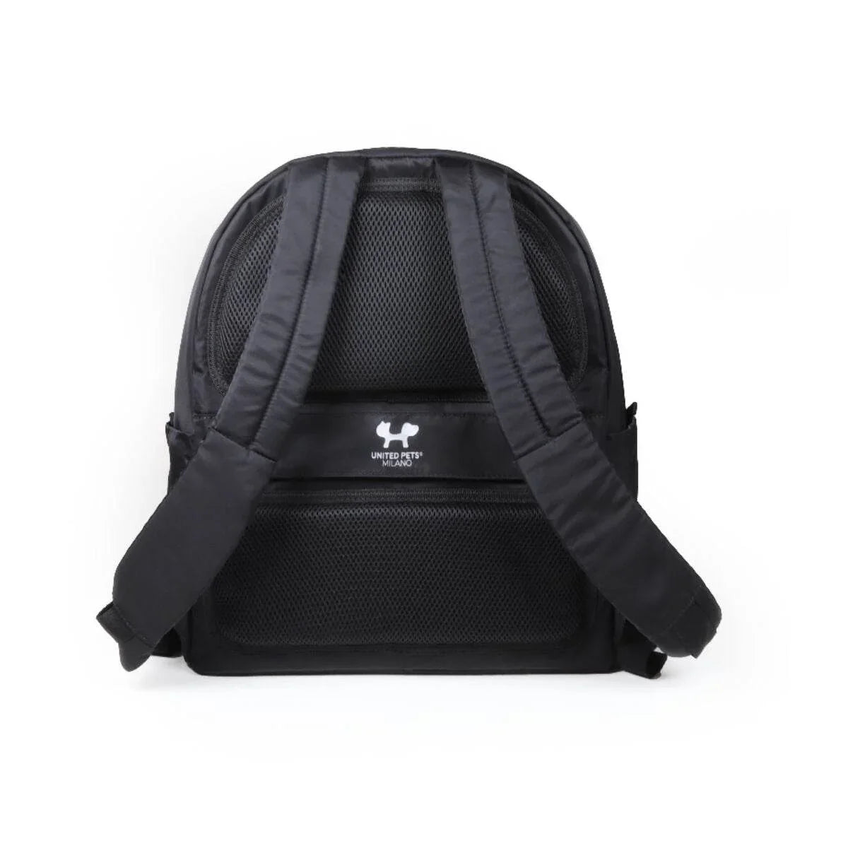 Black pet carrier backpack with mesh back panel and padded straps, United Pets Milano logo visible