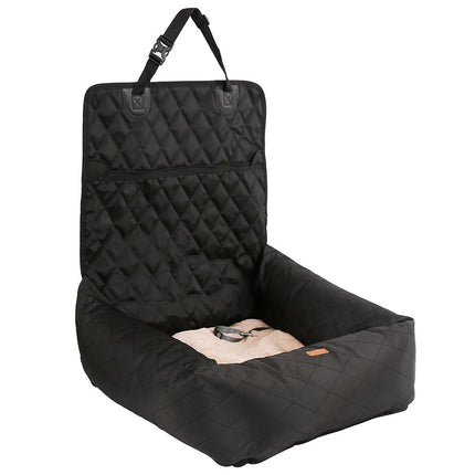 Black quilted dog car seat with safety harness, pet travel accessory for safe rides