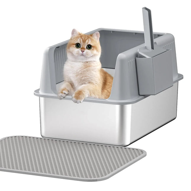 Cat in gray covered litter box with scoop and mat, pet care essentials for cats