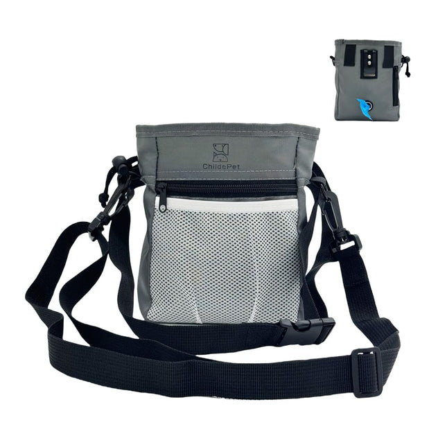 Gray ChildePet dog treat pouch with mesh pocket, adjustable strap, and carabiner clips for training walks
