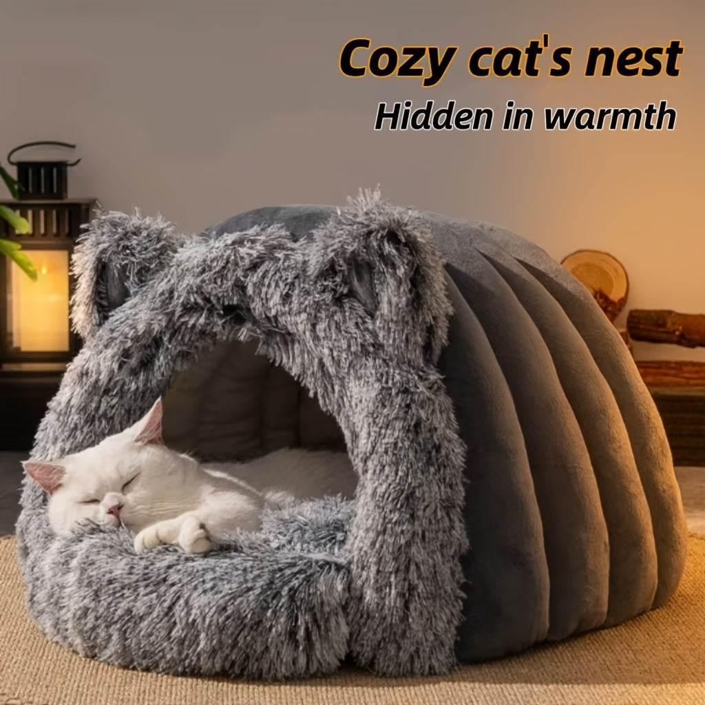 Cozy gray cat cave bed with fluffy ears, perfect for sleeping pets