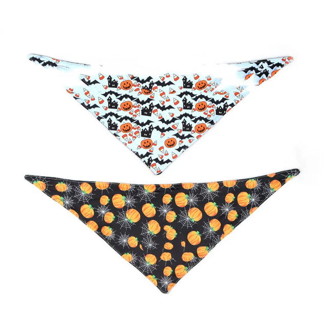 Double-sided Halloween pet bandana featuring jack-o-lanterns and bats on black and light blue patterns.