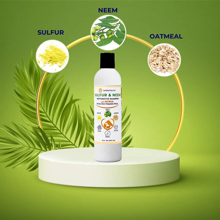 Healthy Paw Life Sulfur & Neem Restorative Shampoo with Oatmeal for dogs and cats.