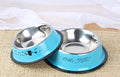 Blue cat food bowls with stainless steel interior and cute cat designs, perfect for pet feeding essentials.