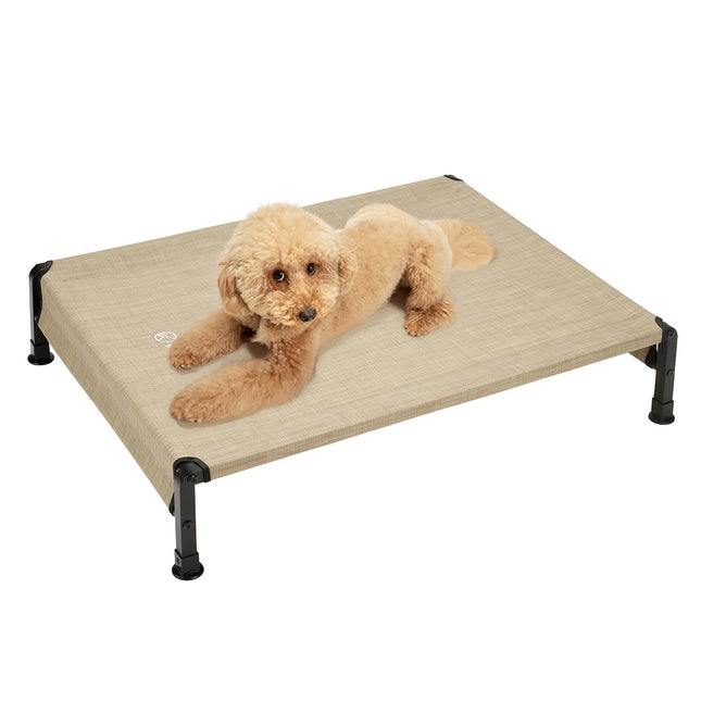 Cozy dog resting on elevated pet bed with breathable fabric and sturdy black legs, ideal for small dogs