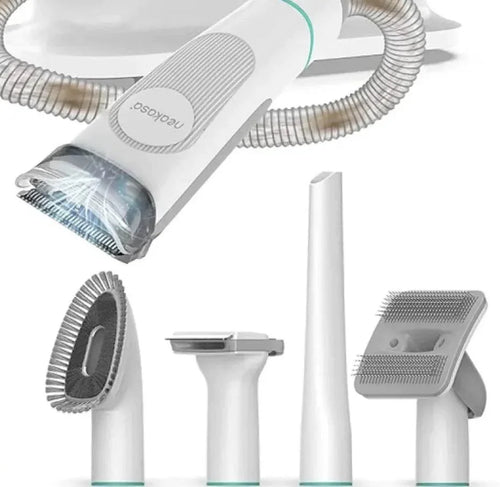 Neakasa pet grooming tool with attachments for dog and cat fur care, featuring vacuum suction and brush heads