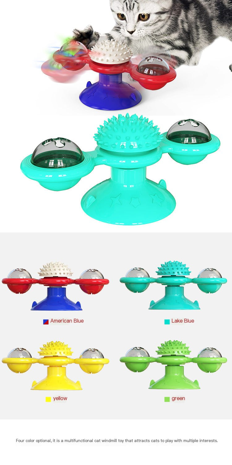 Colorful cat windmill toy with spinning balls and textured center, ideal for interactive feline play and exercise.