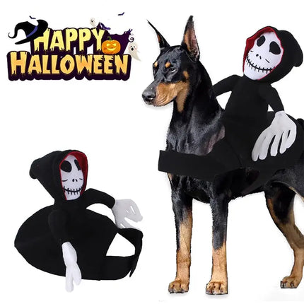 Doberman dog wearing a funny grim reaper Halloween pet costume by Nai Pet Store