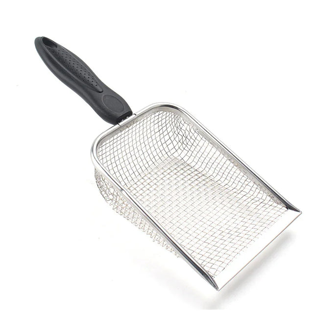 Stainless steel mesh scoop with black handle for pet litter box cleaning
