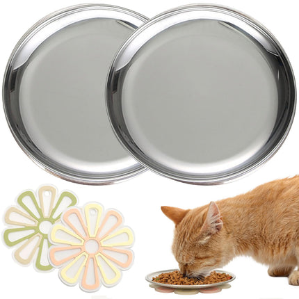 Shallow Stainless Steel Cat Bowls | Anti-Whisker Fatigue | 2 Sets with Non-Slip Mats