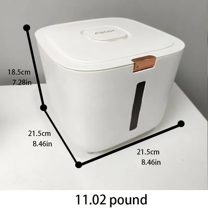 LPT flip-top pet food storage container with dimensions and weight specifications.