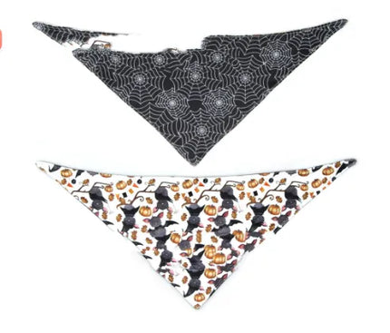 Double-sided Halloween pet bandana with spiderweb and black cat patterns by Nai Pet Store