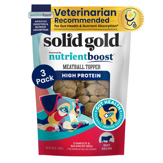 Solid Gold Meatball Topper high protein dog food, beef recipe, vet recommended for gut health, 3 pack