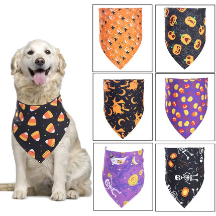 Golden Retriever wearing a Halloween pet bandana with candy corn pattern, multiple festive designs.