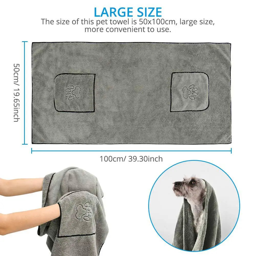 Large 50x100cm gray pet towel with paw prints, ideal for drying dogs and cats after bath