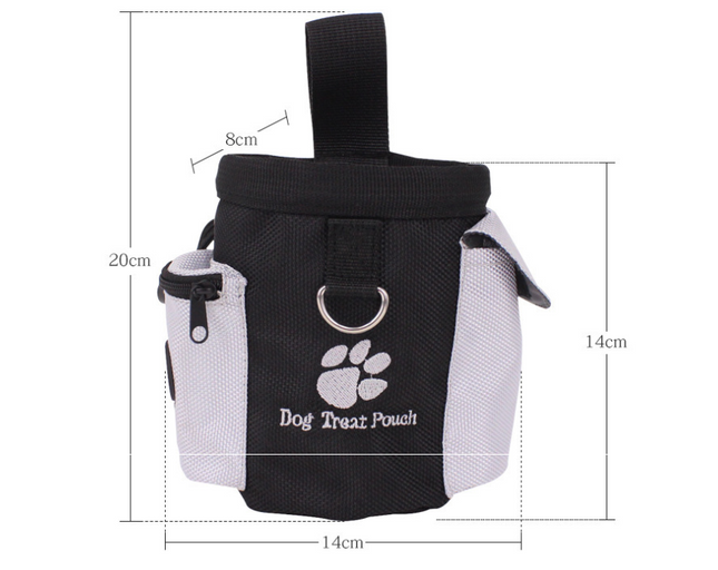 Black and gray dog treat pouch with paw print, 20cm tall, for training and walks