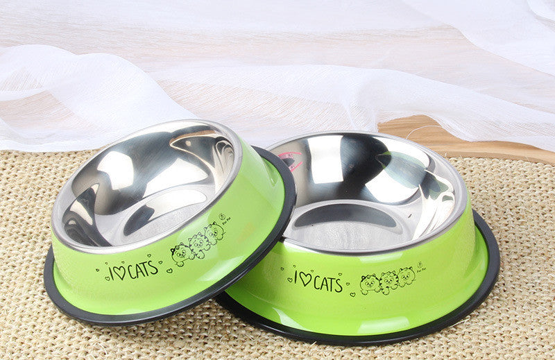 Green cat food bowls with stainless steel interior, non-slip base, and cute 'I ♥ CATS' design for pet feeding