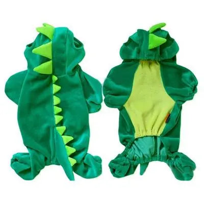 Green dinosaur costume for dogs with soft spikes and yellow lining.