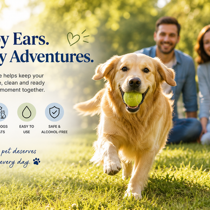 Golden retriever playing with tennis ball in grass, happy family background, pet ear care ad