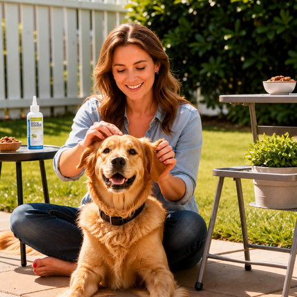 Woman petting happy golden retriever outdoors with dog care products nearby