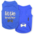 Blue dog tank top with 'little brother' text and bow tie design, pet apparel for dogs
