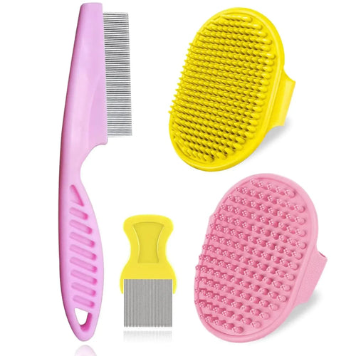 Pink and yellow pet grooming kit with brushes and combs for dogs and cats